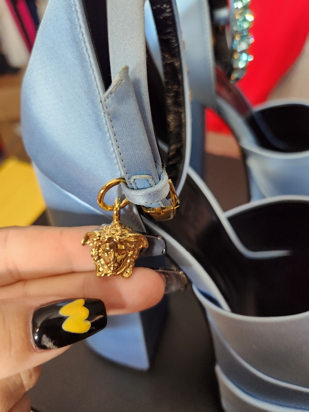 Versace Light Blue Satin Platform Sandals with Gold Medusa Charm - Picture 9 of 9